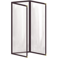 H. Risch, Inc. TET Deluxe Sewn 4 1/4" x 14" Brown 6 View Foldout Vinyl Menu Cover With Gold Decorative Corners and Gloss Finish