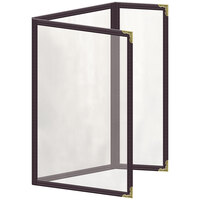 H. Risch, Inc. TEDQ Deluxe Sewn 5 1/2" x 8 1/2" Brown 6 View Menu Cover with Gold Decorative Corners and Glossy Finish