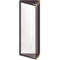H. Risch, Inc. TEDD Deluxe Sewn 4 1/4" x 14" Brown 8 View Menu Cover with Gold Decorative Corners and Gloss Finish