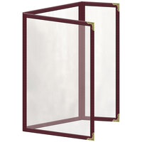 H. Risch, Inc. TEDQ Deluxe Sewn 5 1/2" x 8 1/2" Maroon 6 View Menu Cover with Gold Decorative Corners and Glossy Finish