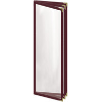 H. Risch, Inc. TETB Deluxe Sewn 4 1/4" x 14" Maroon 6 View Vinyl Menu Cover with Gold Decorative Corners and Gloss Finish