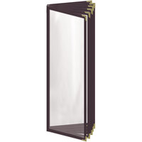 H. Risch, Inc. TE-12V Deluxe Sewn 4 1/4" x 14" Brown 12 View Vinyl Menu Cover with Gold Decorative Corners and Gloss Finish