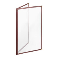 H. Risch, Inc. TED Deluxe Sewn 8 1/2" x 14" Maroon 4 View Menu Cover with Gold Decorative Corners and Gloss Finish