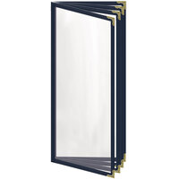 H. Risch, Inc. TEDD Deluxe Sewn 4 1/4" x 11" Blue 8 View Menu Cover with Gold Decorative Corners and Gloss Finish