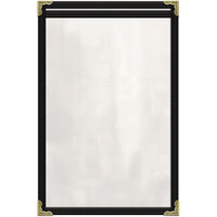 H. Risch, Inc. TES Deluxe Sewn 5 1/2" x 17" Black 2 View Vinyl Menu Cover with Gold Decorative Corners and Gloss Finish