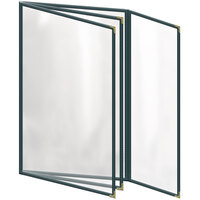 H. Risch, Inc. TETBQ Deluxe Sewn 8 1/2" x 14" Green 8 View Vinyl Menu Cover with Gold Decorative Corners and Gloss Finish