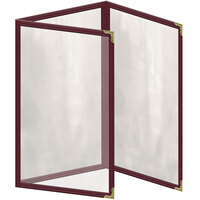 H. Risch, Inc. TET Deluxe Sewn 5 1/2" x 8 1/2" Maroon 6 View Foldout Vinyl Menu Cover With Gold Decorative Corners and Gloss Finish
