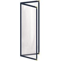 H. Risch, Inc. TED Deluxe Sewn 4 1/4" x 14" Blue 4 View Menu Cover with Gold Decorative Corners and Gloss Finish