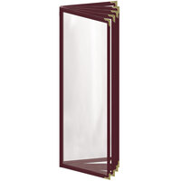 H. Risch, Inc. TE-10V Deluxe Sewn 4 1/4" x 14" Maroon 10 View Vinyl Menu Cover with Gold Decorative Corners and Gloss Finish
