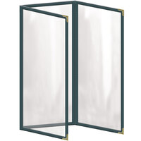 H. Risch, Inc. TET Deluxe Sewn 4 1/4" x 11" Green 6 View Foldout Vinyl Menu Cover With Gold Decorative Corners and Gloss Finish