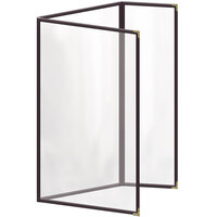 H. Risch, Inc. TEDQ Deluxe Sewn 8 1/2" x 14" Brown 6 View Menu Cover with Gold Decorative Corners and Glossy Finish