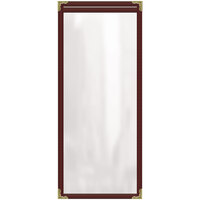 H. Risch, Inc. TES Deluxe Sewn 4 1/4" x 11" Maroon 2 View Vinyl Menu Cover with Gold Decorative Corners and Gloss Finish