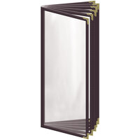 H. Risch, Inc. TE-12V Deluxe Sewn 4 1/4" x 11" Brown 12 View Vinyl Menu Cover with Gold Decorative Corners and Gloss Finish