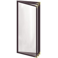 H. Risch, Inc. TETB Deluxe Sewn 4 1/4" x 11" Brown 6 View Vinyl Menu Cover with Gold Decorative Corners and Gloss Finish