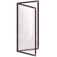H. Risch, Inc. TED Deluxe Sewn 4 1/4" x 11" Brown 4 View Menu Cover with Gold Decorative Corners and Gloss Finish