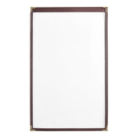 H. Risch, Inc. TES Deluxe Sewn 8 1/2" x 14" Brown 2 View Vinyl Menu Cover with Gold Decorative Corners and Gloss Finish