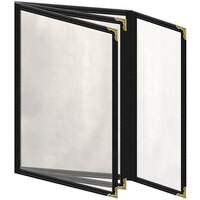 H. Risch, Inc. TETBQ Deluxe Sewn 5 1/2" x 8 1/2" Black 8 View Vinyl Menu Cover with Gold Decorative Corners and Gloss Finish