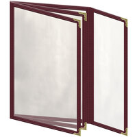 H. Risch, Inc. TETBQ Deluxe Sewn 5 1/2" x 8 1/2" Maroon 8 View Vinyl Menu Cover with Gold Decorative Corners and Gloss Finish