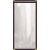 H. Risch, Inc. TES Deluxe Sewn 5 1/2" x 14" Brown 2 View Vinyl Menu Cover with Gold Decorative Corners and Gloss Finish