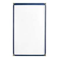 H. Risch, Inc. TES Deluxe Sewn 8 1/2" x 14" Blue 2 View Vinyl Menu Cover with Gold Decorative Corners and Gloss Finish