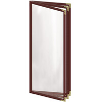 H. Risch, Inc. TETB Deluxe Sewn 4 1/4" x 11" Maroon 6 View Vinyl Menu Cover with Gold Decorative Corners and Gloss Finish