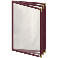 H. Risch, Inc. TETB Deluxe Sewn 5 1/2" x 8 1/2" Maroon 6 View Vinyl Menu Cover with Gold Decorative Corners and Gloss Finish