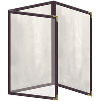 H. Risch, Inc. TET Deluxe Sewn 5 1/2" x 8 1/2" Brown 6 View Foldout Vinyl Menu Cover With Gold Decorative Corners and Gloss Finish