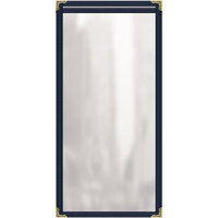 H. Risch, Inc. TES Deluxe Sewn 5 1/2" x 14" Blue 2 View Vinyl Menu Cover with Gold Decorative Corners and Gloss Finish