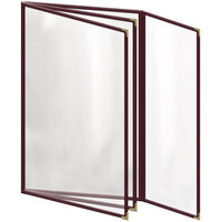H. Risch, Inc. TETBQ Deluxe Sewn 8 1/2" x 14" Maroon 8 View Vinyl Menu Cover with Gold Decorative Corners and Gloss Finish