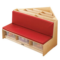 Jonti-Craft Baltic Birch 53410JC 42" x 39 1/2" x 23 1/2" Red Cushion Wood Corner Literacy Nook with Book Display, Storage, and 3 Clear Plastic Tubs