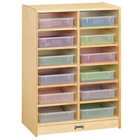 Jonti-Craft Baltic Birch 06130JC 24 1/2" x 15" x 35 1/2" Mobile 12-Section Wood Storage Cabinet with Clear Paper Trays