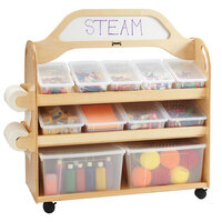 Jonti-Craft Baltic Birch 3522JC 46 1/2" x 20" x 51 1/2" 3-Shelf STEAM Mobile Wood Multimedia Supply Cart with Write-n-Wipe Sign and 2 End-Mount Roll Dispensers