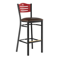 Lancaster Table & Seating Black Finish Side Bar Stool with Dark Brown Vinyl Seat and Mahogany Wood Back