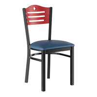 Lancaster Table & Seating Black Finish Side Chair with Navy Vinyl Seat and Mahogany Wood Back