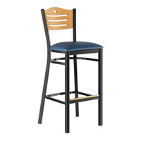 Lancaster Table & Seating Black Finish Side Bar Stool with Navy Vinyl Seat and Natural Wood Back - Assembled