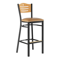 Lancaster Table & Seating Black Finish Side Bar Stool with Light Brown Vinyl Seat and Natural Wood Back - Assembled