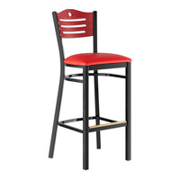 Lancaster Table & Seating Black Finish Side Bar Stool with Red Vinyl Seat and Mahogany Wood Back