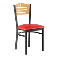 Lancaster Table & Seating Black Finish Side Chair with Red Vinyl Seat and Natural Wood Back - Assembled