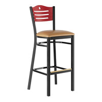 Lancaster Table & Seating Black Finish Side Bar Stool with Light Brown Vinyl Seat and Mahogany Wood Back