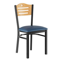 Lancaster Table & Seating Black Finish Side Chair with Navy Vinyl Seat and Natural Wood Back - Assembled