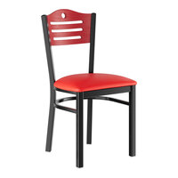 Lancaster Table & Seating Black Finish Side Chair with Red Vinyl Seat and Mahogany Wood Back - Assembled