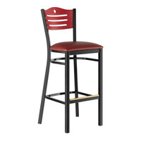 Lancaster Table & Seating Black Finish Side Bar Stool with Burgundy Vinyl Seat and Mahogany Wood Back - Assembled