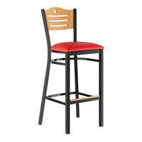 Lancaster Table & Seating Black Finish Side Bar Stool with Red Vinyl Seat and Natural Wood Back - Assembled