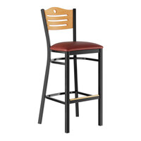 Lancaster Table & Seating Black Finish Side Bar Stool with Burgundy Vinyl Seat and Natural Wood Back - Assembled