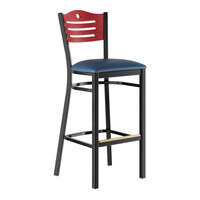 Lancaster Table & Seating Black Finish Side Bar Stool with Navy Vinyl Seat and Mahogany Wood Back - Assembled