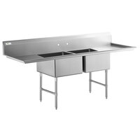 Regency 96" 16-Gauge Stainless Steel Two Compartment Commercial Sink with Stainless Steel Legs, Cross Bracing, and 2 Drainboards - 23" x 23" x 12" Bowls