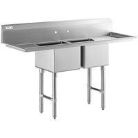 Regency 72" 16-Gauge Stainless Steel Two Compartment Commercial Sink with Stainless Steel Legs, Cross Bracing, and 2 Drainboards - 17" x 17" x 12" Bowls