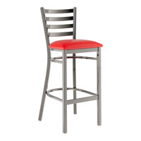 Lancaster Table & Seating Clear Coat Finish Ladder Back Bar Stool with 2 1/2" Red Vinyl Padded Seat