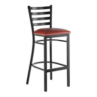 Lancaster Table & Seating Black Finish Ladder Back Bar Stool with 2 1/2" Burgundy Vinyl Padded Seat