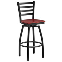 Lancaster Table & Seating Black Finish Ladder Back Swivel Bar Stool with Mahogany Wood Seat